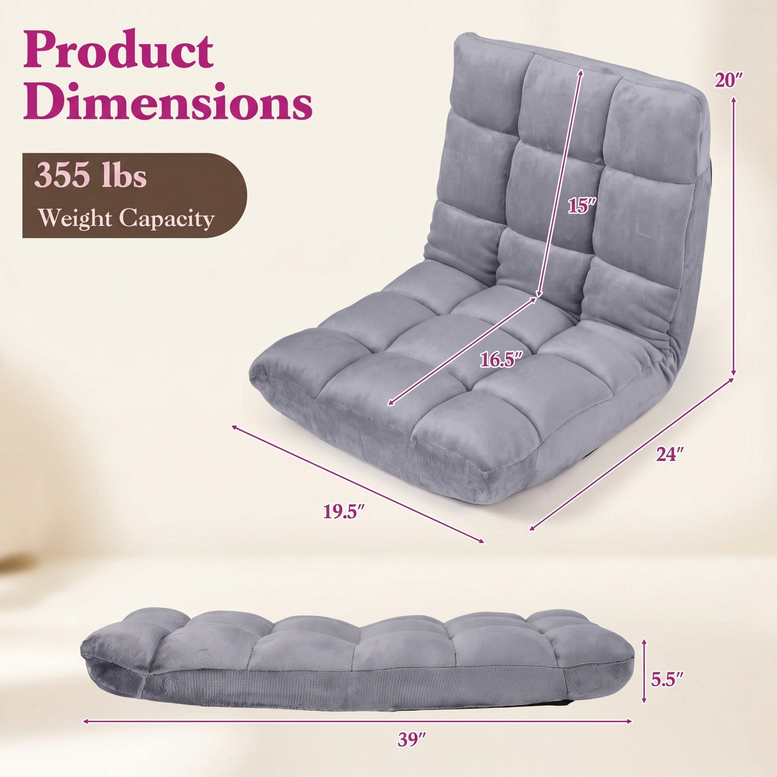 Furnibear 14-Position Adjustable Cushioned Floor Chair, Padded Folding Lazy Sofa Gaming Chair with Steel Frame Back Support for Living Room Bedroom Reading, Light Gray
