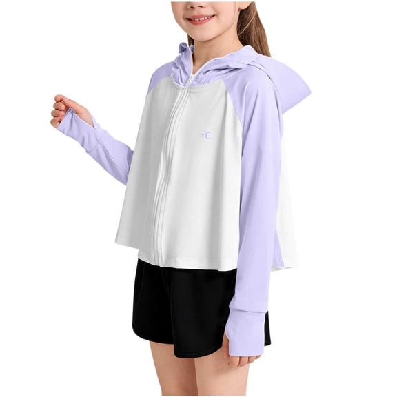 UPF 50 Sun Hoodie for Girls - Kids Lightweight Cropped Zip Up Hoodie with Thumbholes & Breathable Mesh, Lavender Athletic Outdoor Jacket,Size 2-3 T