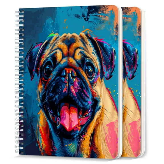 Spiral Notebook,College Ruled Journal,8.26" x 5.71" 50 Sheets/100 Pages,2 Pack - Happy Pug Dog in The Style of Digital Painting