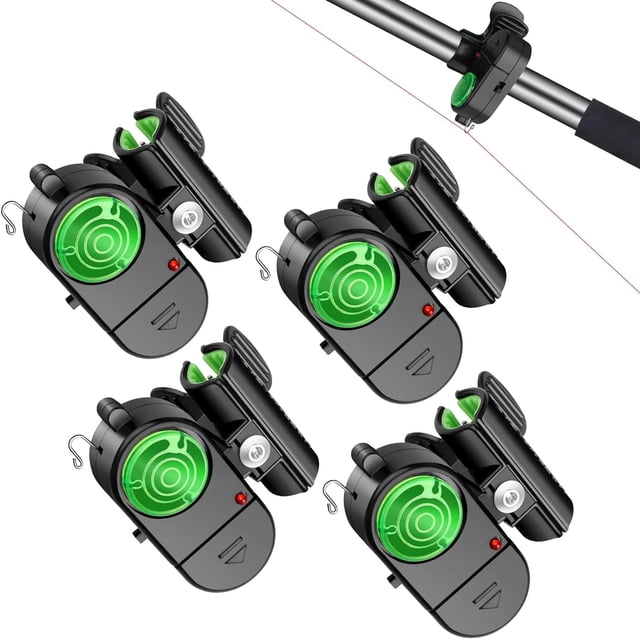 Paquete de 4 alarmas de picadura de pesca, indicador electrónico sensible de alarmas de pesca, campana de alerta de picadura de sonido con luces LED, campanas de pesca