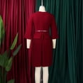 thumbnail image 6 of AURA Plus Size Elegant Three Quarter Sleeve Pleated A Line Office Dress with Belt 2025 Summer High Waist Bodycon Midi Dress, 6 of 10