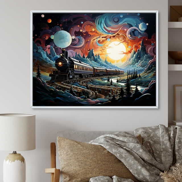 Designart Art Mural Encadré Train, Rails Cosmiques un Train Moderne I, Grand Art Mural Encadré Train, Art Mural Encadré Blanc Multicolore, 40x30 Pouces Cadre Couleur Blanc
