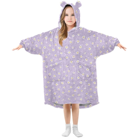 Wearable Blanket Hoodie for Kids Cute Purple Daisy Flannel Hooded Blanket with Pockets and Sleeves Suitable for Boys and Girls
