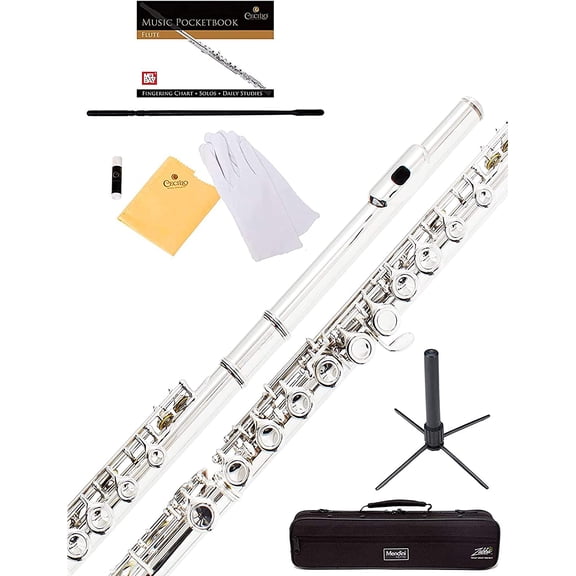 Pre-Owned Mendini By Cecilio Flutes - Closed Hole C Flute For Beginners, 16-Key Flute with a Case, Stand, Lesson Book, and Cleaning Kit, Musical Instrument for Kids, Nickel Plated