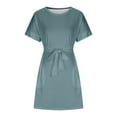 thumbnail image 2 of up to 60% off Gifts Usmixi Formal Dresses for Women Casual Pocket Swing A Line Knee-Length Dresses with Belt Crewneck Short Sleeve Solid Summer Midi Dress Light Blue s, 2 of 5