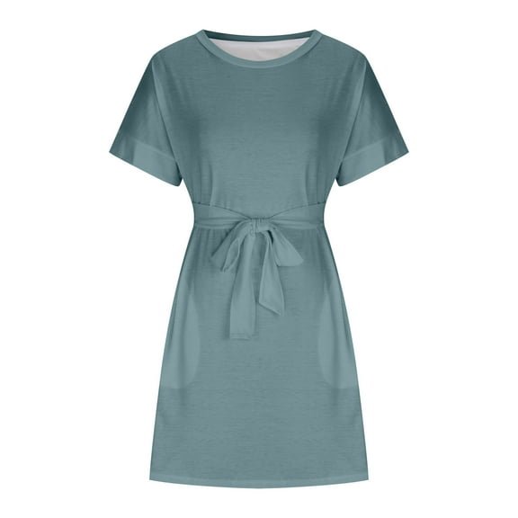 up to 60% off Gifts Usmixi Formal Dresses for Women Casual Pocket Swing A Line Knee-Length Dresses with Belt Crewneck Short Sleeve Solid Summer Midi Dress Light Blue l