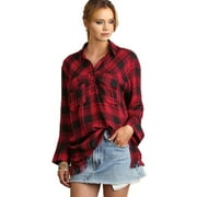 Umgee Women's RED Flannel Three-Button Tunic with Frayed Hem