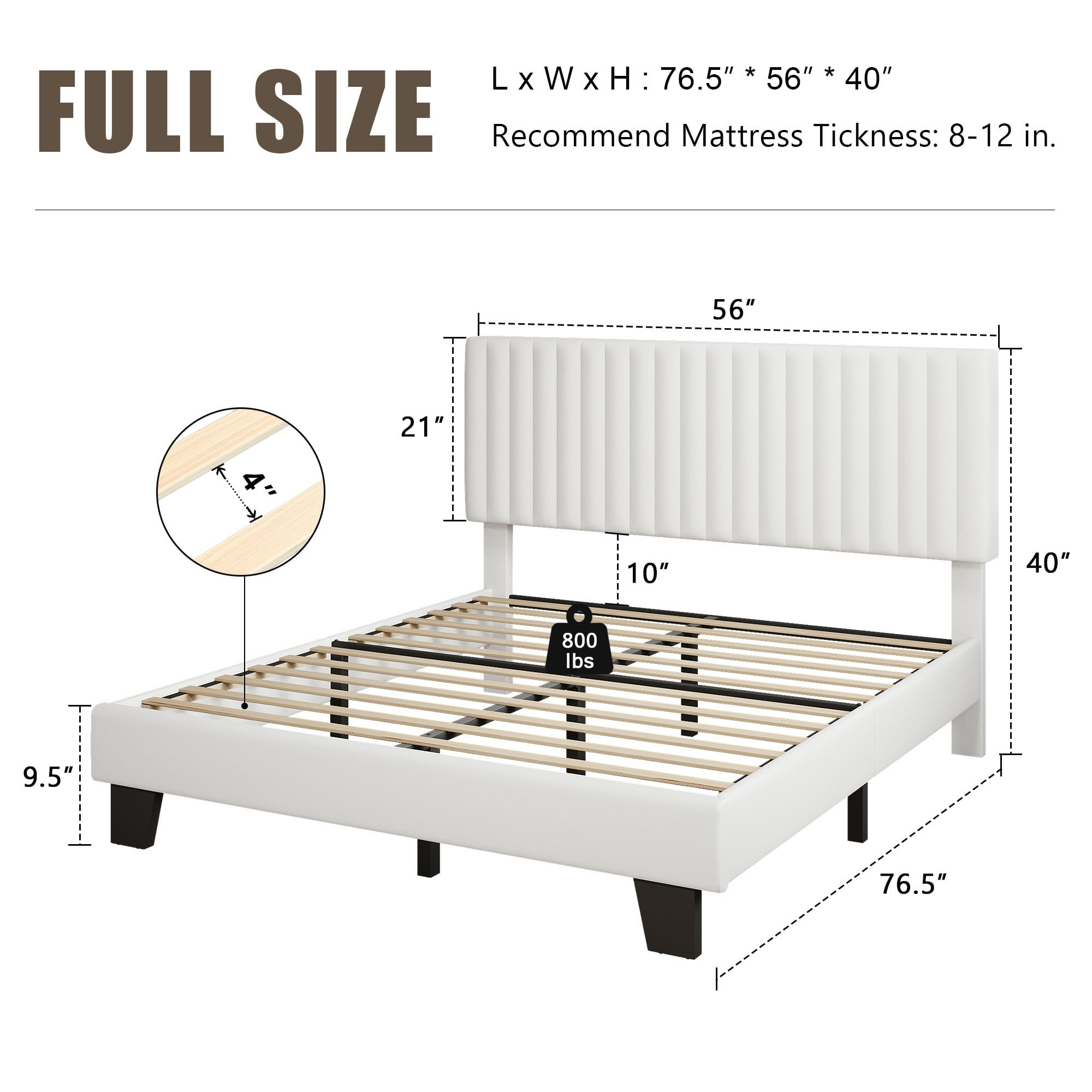 Virans Full Size Bed Frame, Upholstered Linen Platform Bed frame with Fabric Headboard,Solid Wood Slats Support,Noise Free,No Box Spring,Easy Assembly,White