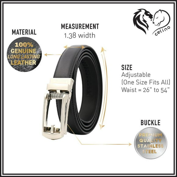 Celino Silver & Black Adjustable Ratchet Slide Buckle 100% Genuine Leather Belt for Men, One Size Fits All, Made in Europe