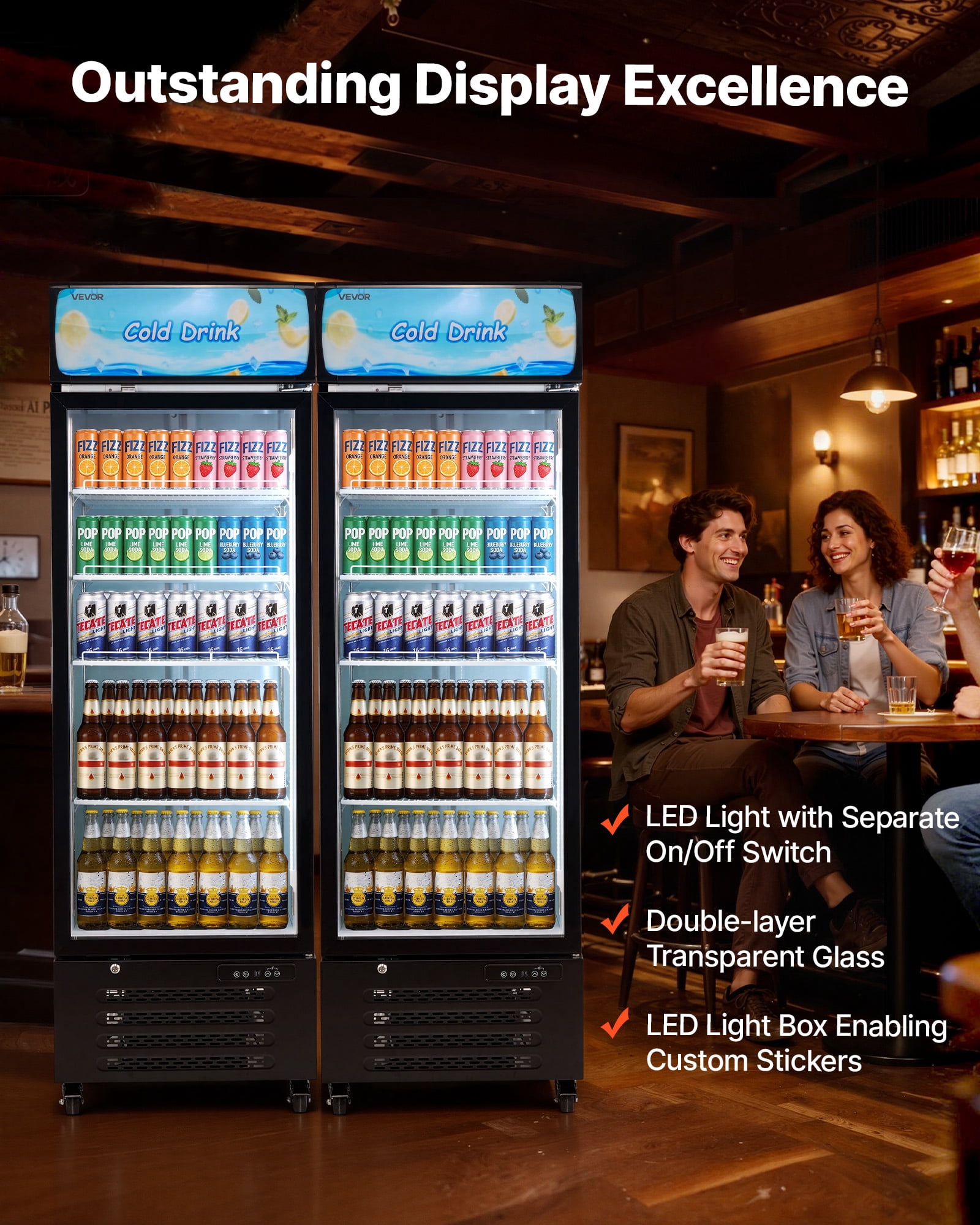VEVOR Commercial Merchandiser Refrigerator, 15.9 Cu.Ft / 450 L Glass Door Display Refrigerator, Upright Beverage Cooler with Customizable Lightbox,4 Adjustable Shelves & Soft LED Light for Home Shops