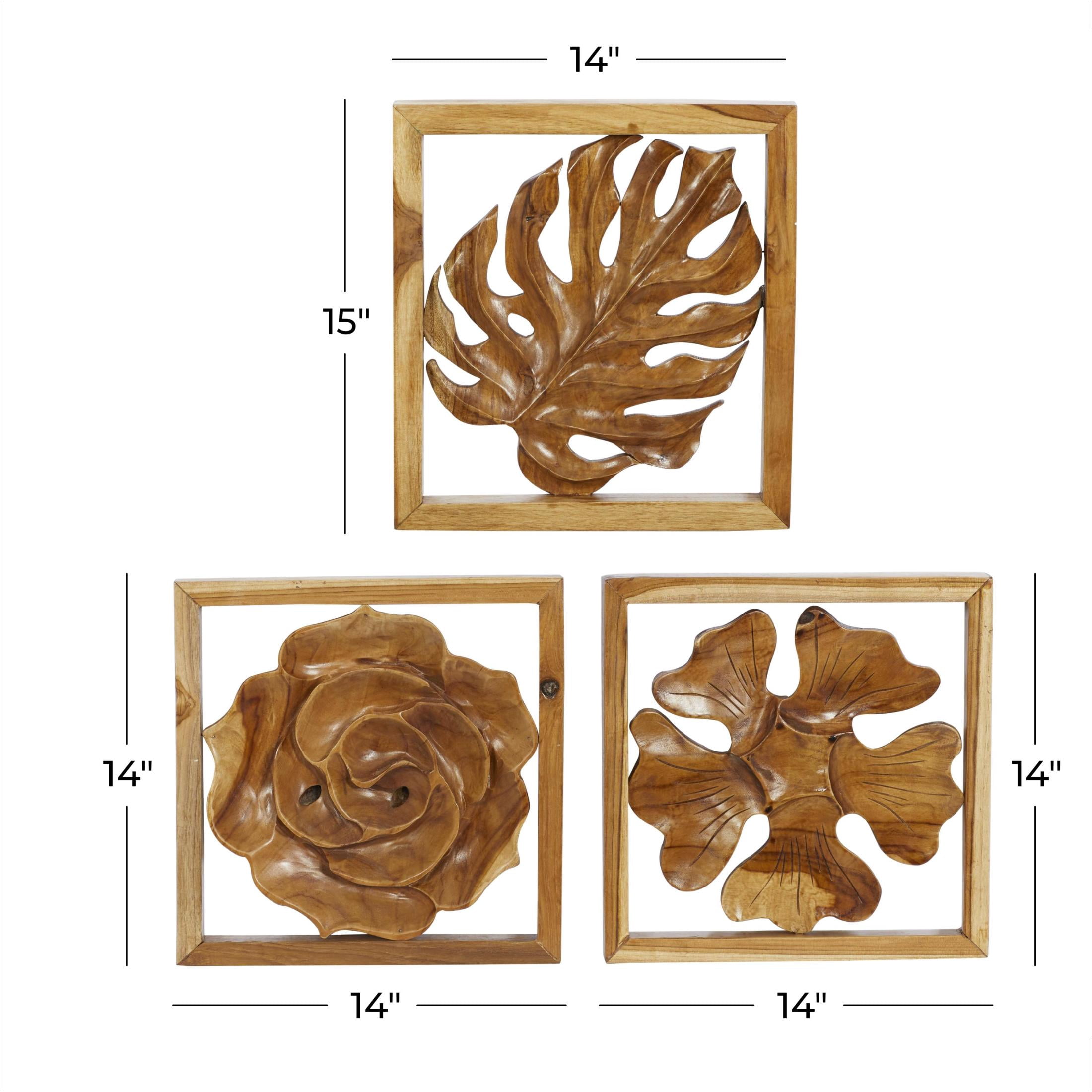 DecMode Brown Teak Wood Handmade Framed Carved Leaf and Floral Wall Decor (3 Count)