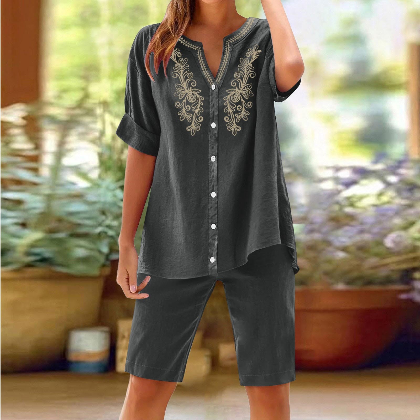 Womens 2 Piece Outfits Short Sleeve Cotton Linen Embroidered Shirts Wide Leg Capri Pants Matching Sets