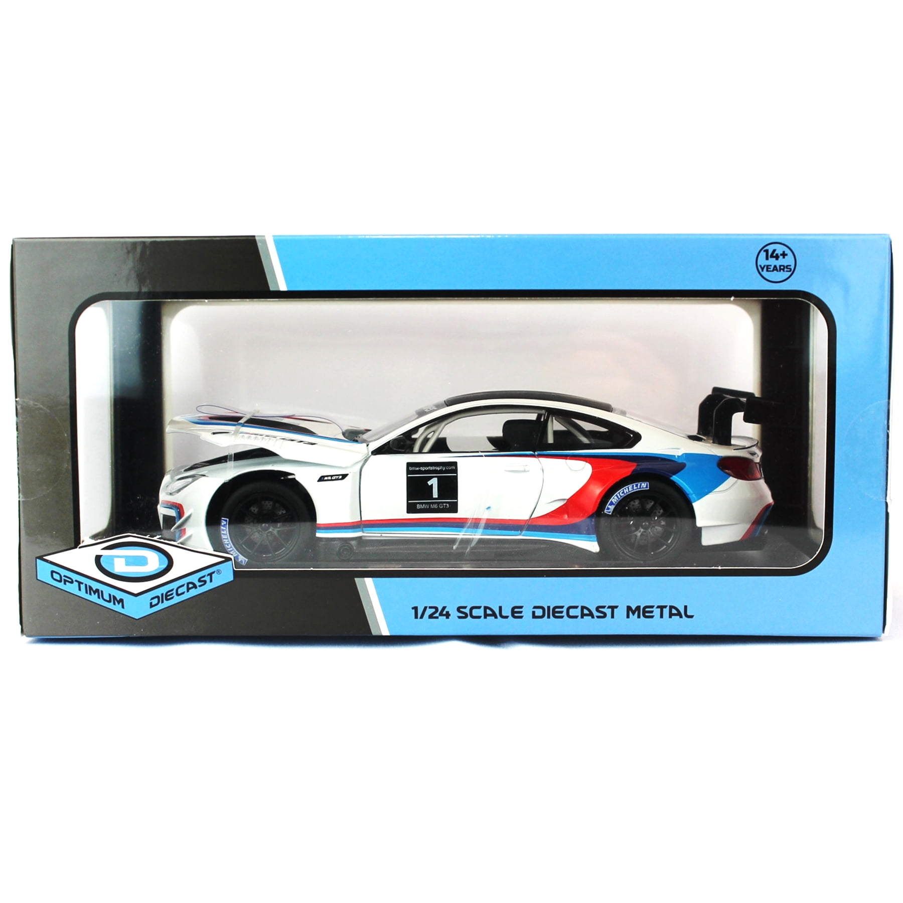 2018 BMW M6 GT3: White With Black Top and Stripes - 1:24 Model Car by Optimum Diecast