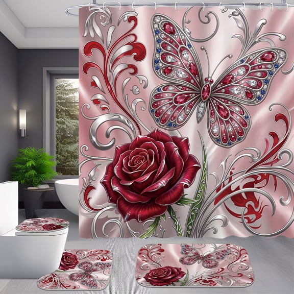 4-Piece Red Rose Pink Butterfly Shower Curtain Set for Bathroom Decor