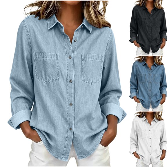Levmjia Women Denim Shirt Jacket Long Sleeve Button Down Vintage Lapel Collar with 2 Chest Pockets Oversized Loose Fit Casual Winter Fall Tops