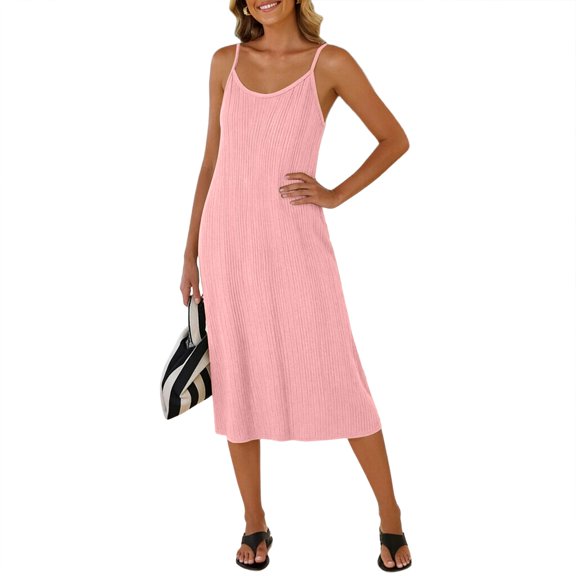 Vhkiploz Summer Tank Slip Dress For Women'S Crew Neck Mid-Length A-Line Dress Solid Color Sleeveless Homewear Outwear Tunic Sundress, M-2XL