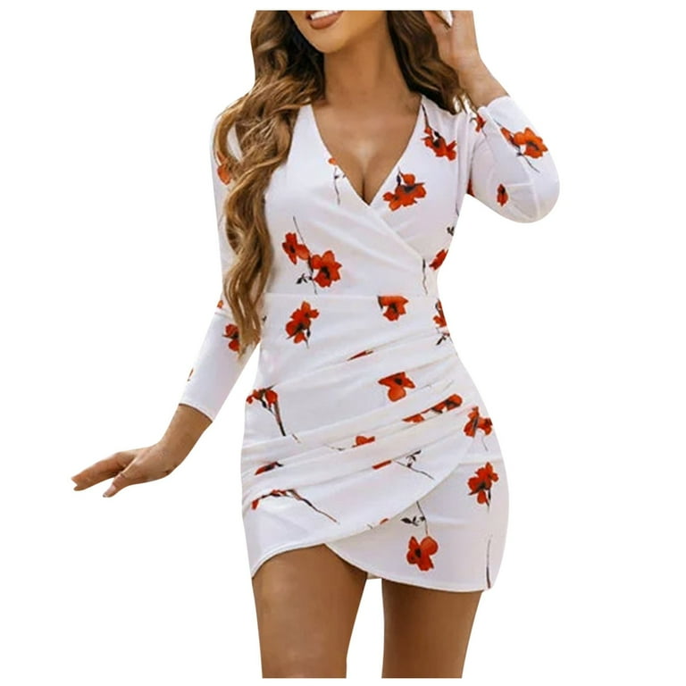 Floral deep v long sleeve ruched bodycon dress new arrivals
