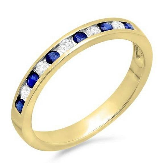 Dazzlingrock Collection 18K Round White Diamond & Blue Sapphire Ladies Anniversary Wedding Stackable Band, Yellow Gold, Size 7.5