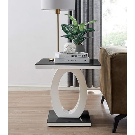 Giovani Modern Black White Halo High Gloss Glass Side End Table for Living Room