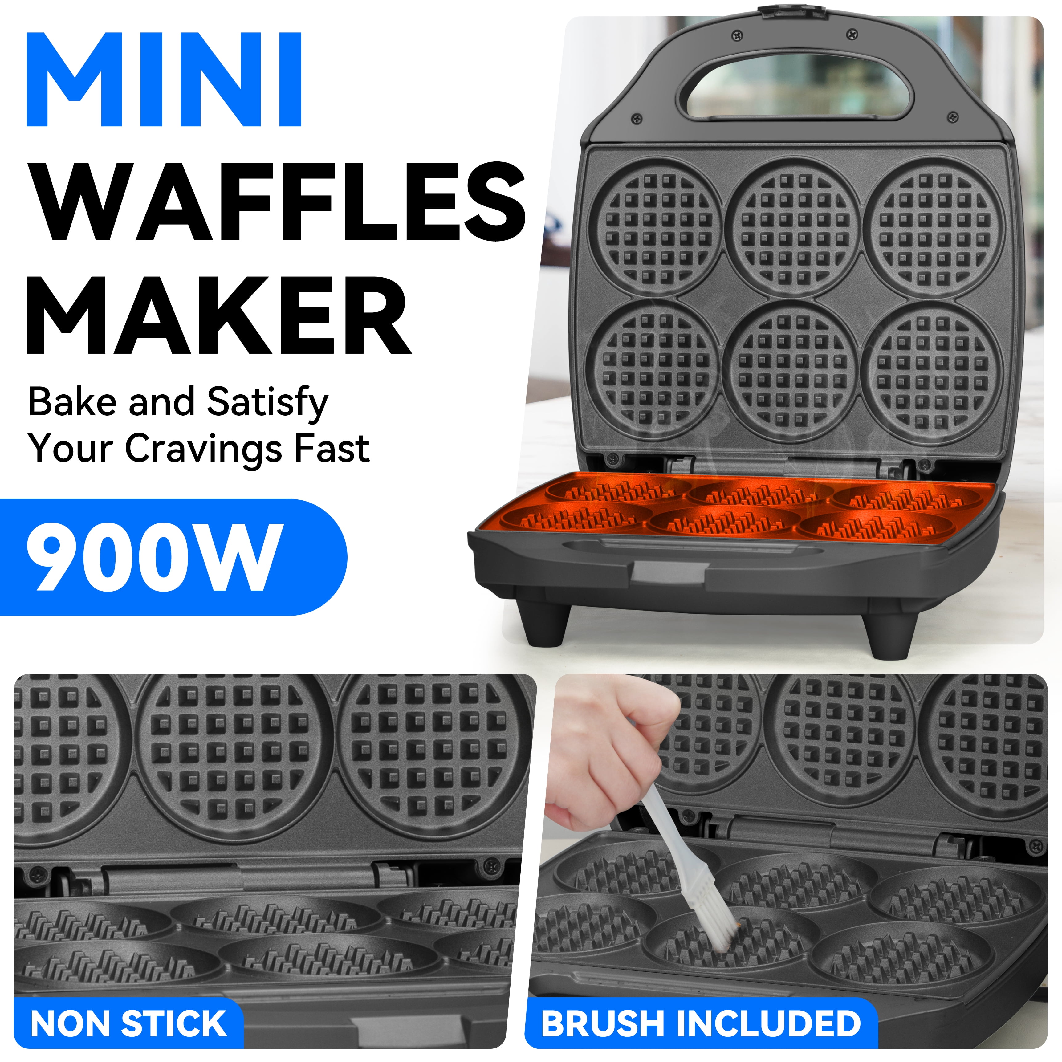 Mailand 6 x 3'' Multi Mini Waffle Maker Machine, Small Waffle Iron, Perfect for Families and Individuals Use, Non-Stick, 900W, Black