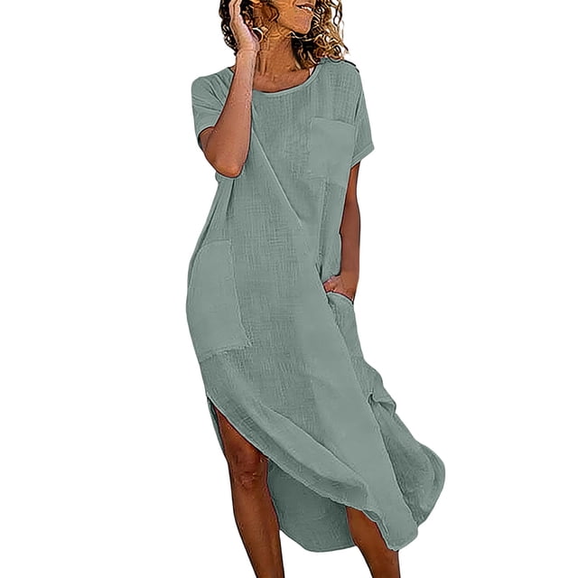 Robe en Lin à Manches Courtes pour Femmes Chemise Boutonnée Robes d'Été 2026 pour Femmes Décontractée Col Rond Midi Robe d'Été Confortable Mélange de Coton