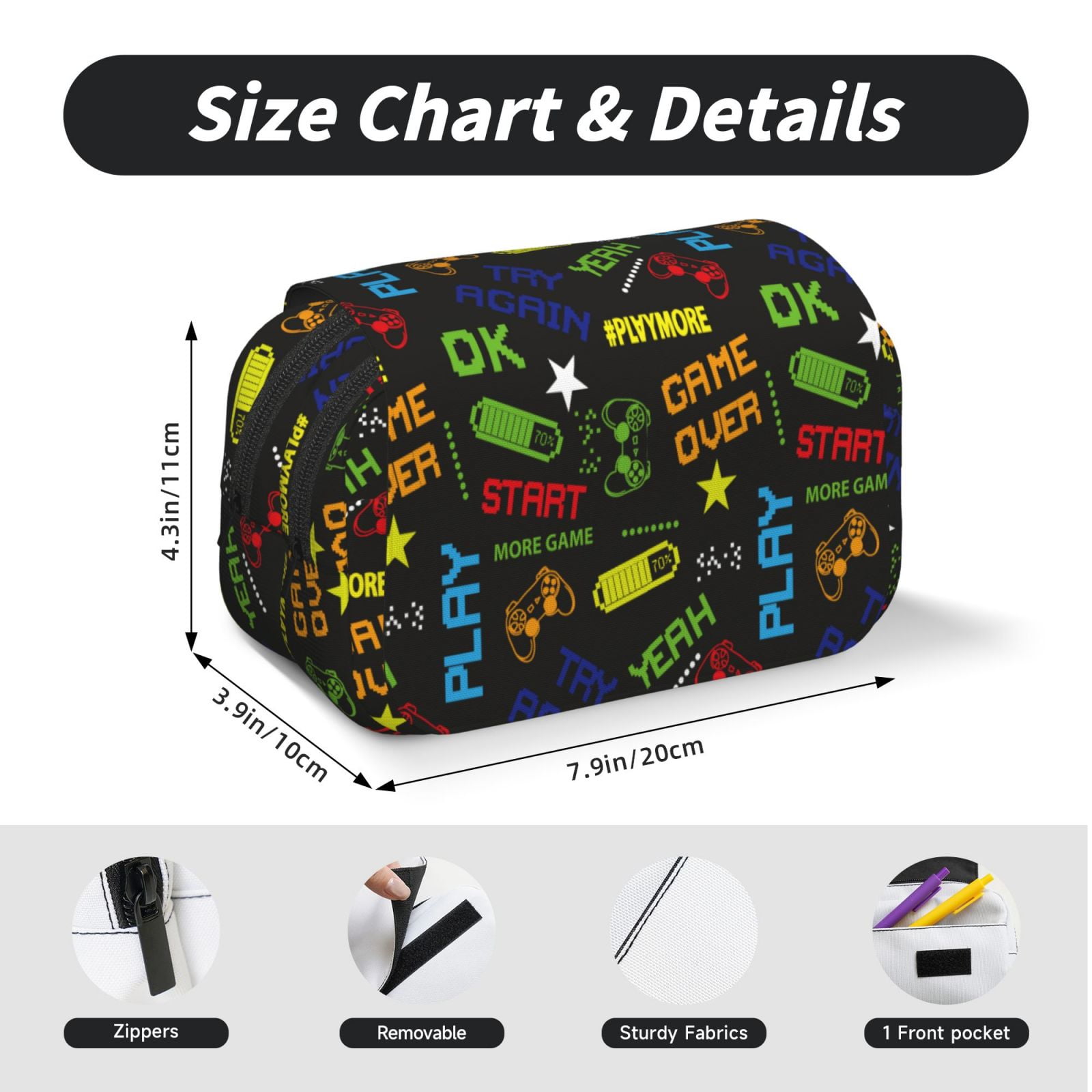 Rateoe Pixel Game Pattern Double Clamshell Pen Case, Storage Organizer with Two Zipper Compartments– Holds Up to 50 Pencils & Pens
