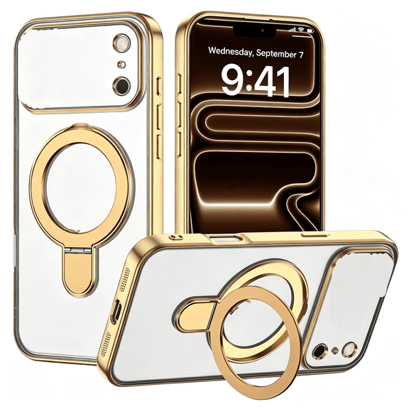 KUMEE Compatible with Iphone 17 Pro Max Case with Magnetic Ring Stand [Compatible with Mag-Safe] Camera Lens Protector Plating Clear Phone Case for Iphone 17 Pro Max 6.9",Gold