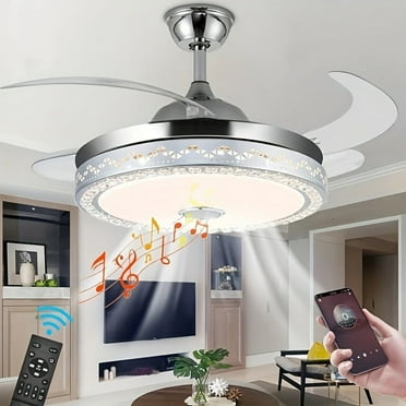 Datingday 42 Inch LED Crystal Ceiling Fan with Remote Control,Modern Retractable Flush Mount Low Profile Bladeless Chandelier Ceiling Fan with Lights and Remote for Bedroom Living Room Fandelier