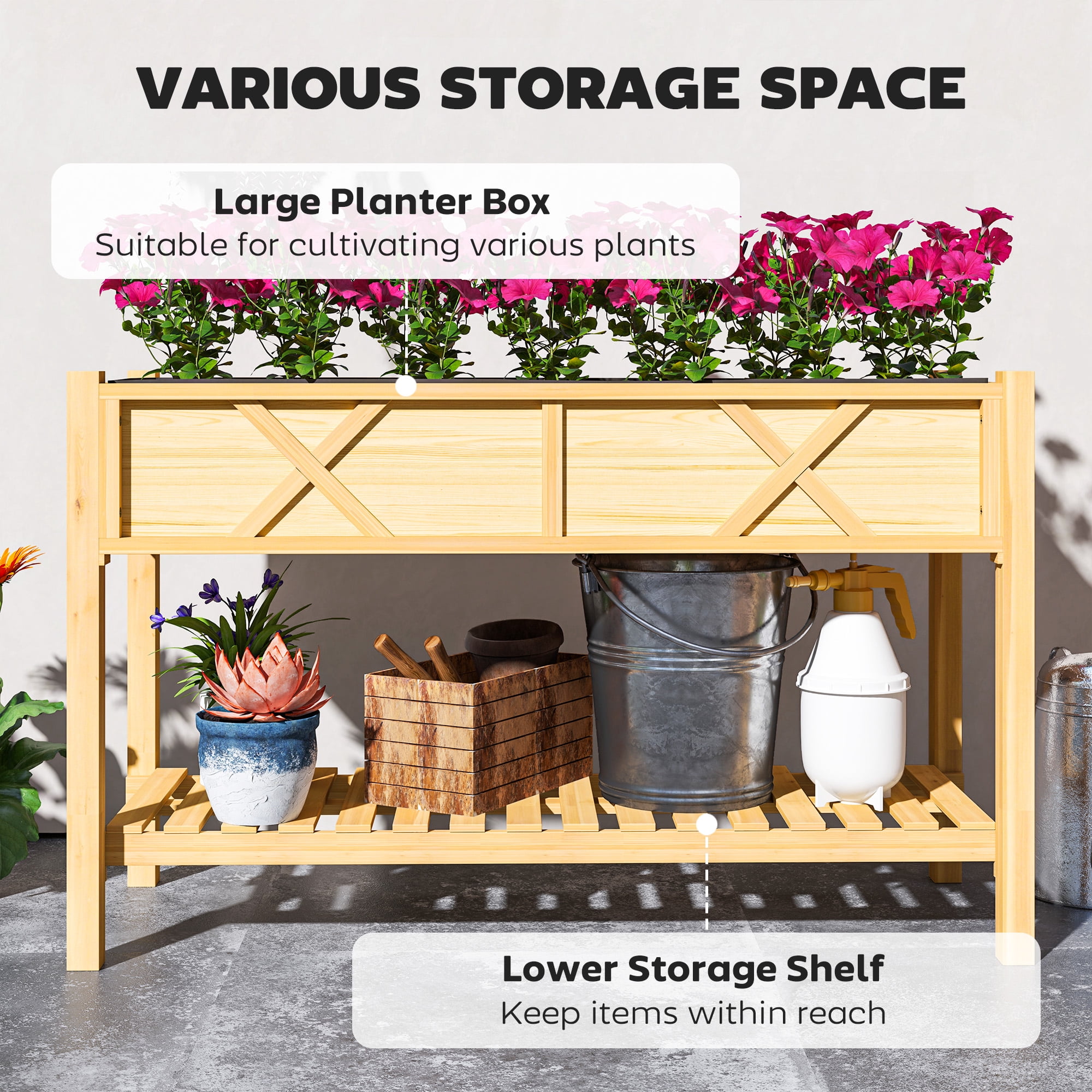 Dual-Tier Elevated Wood Planter Box, Raised Garden Bed with Storage Shelf, Drainage Holes and Liner