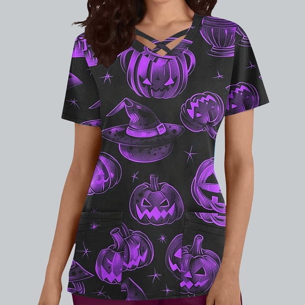 Fiudx Liquidación de Ahorros de Verano Top de Lactancia con Bolsillo y Cuello En V de Manga Corta con Estampado de Halloween para Mujer