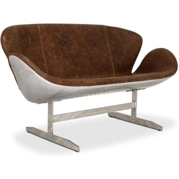 Nauticalmart Aviator Brown Chair Retro Brown Top Grain Leather and Aluminum Love seat Aviator Swan Sofa