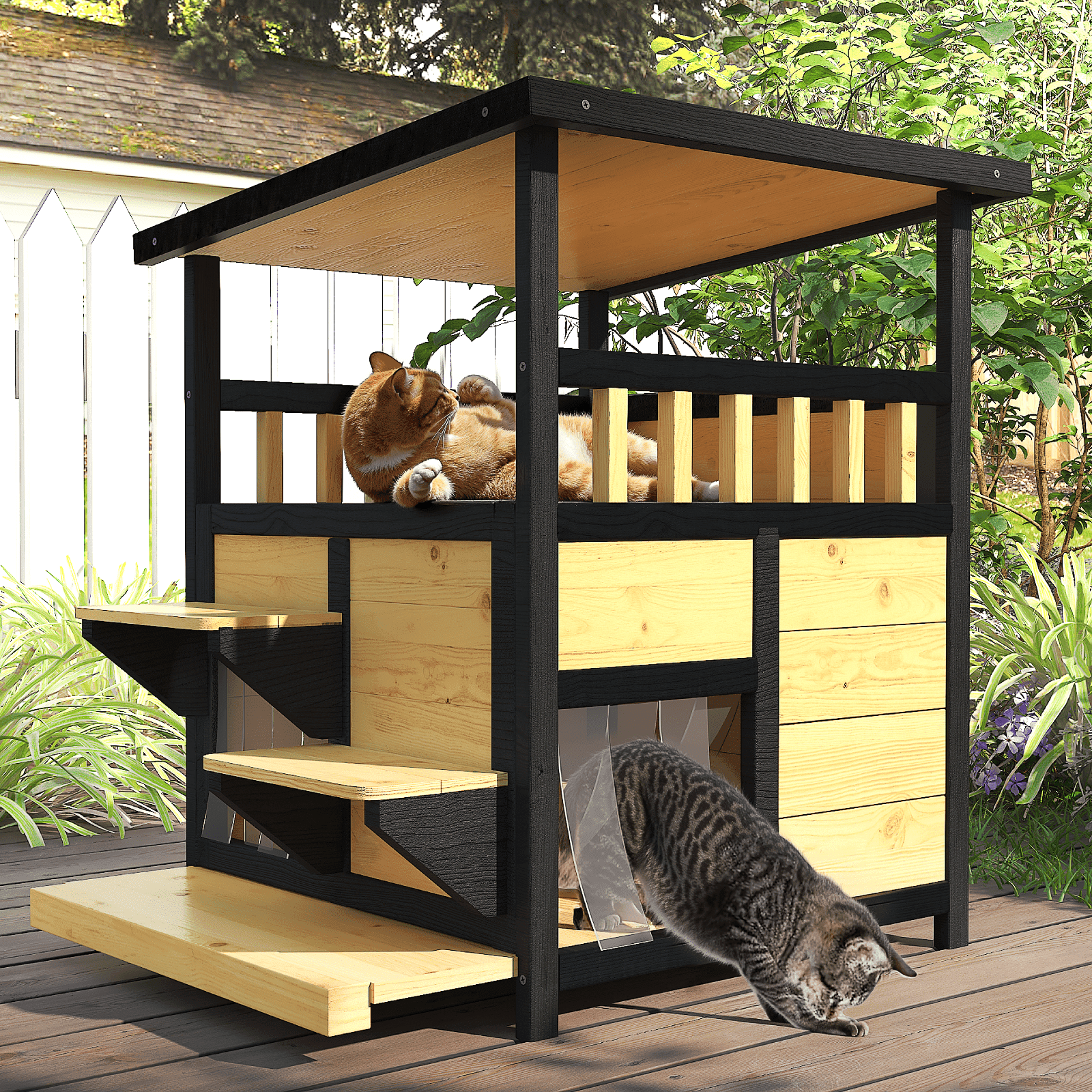 TIMHAKA 2-Story Outdoor Cat House, Wooden Feral Cat Shelter w/ Escape Door, Pull-Out Bottom & Scratching Mat