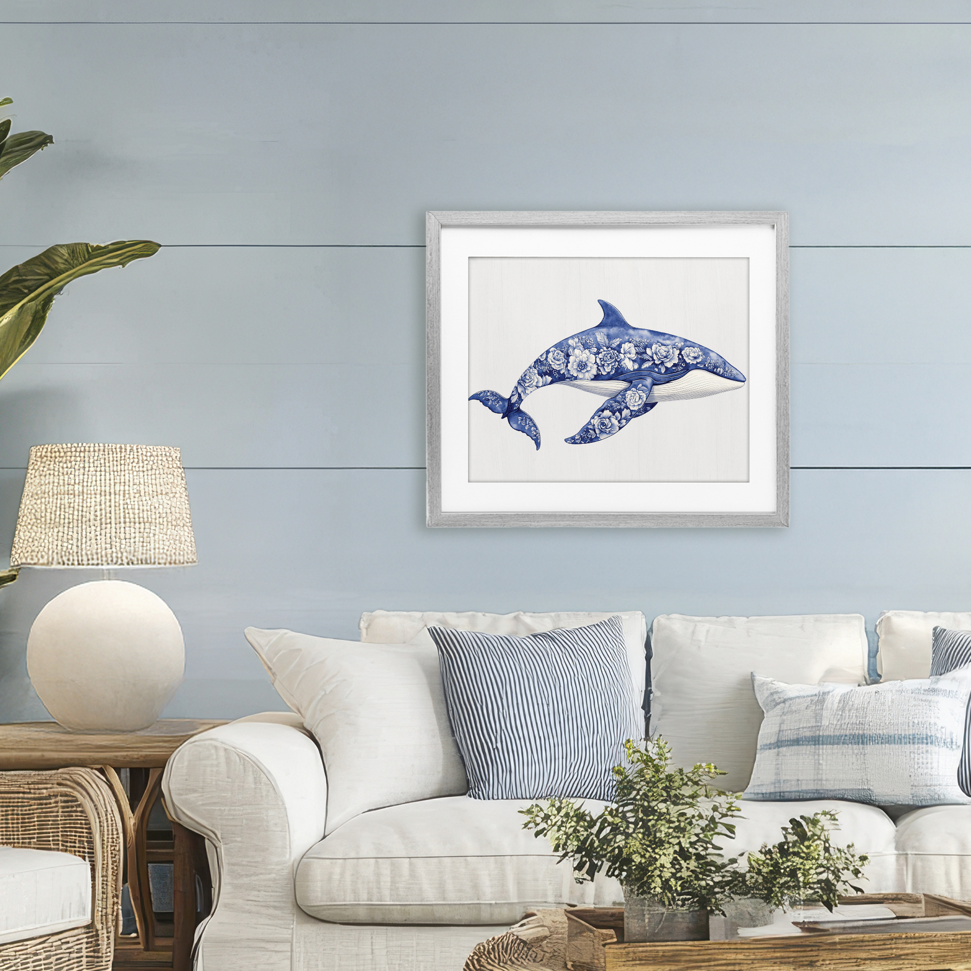 Floral Toile Whale Gray Framed Print Under Glass, design by Lettered and Lined