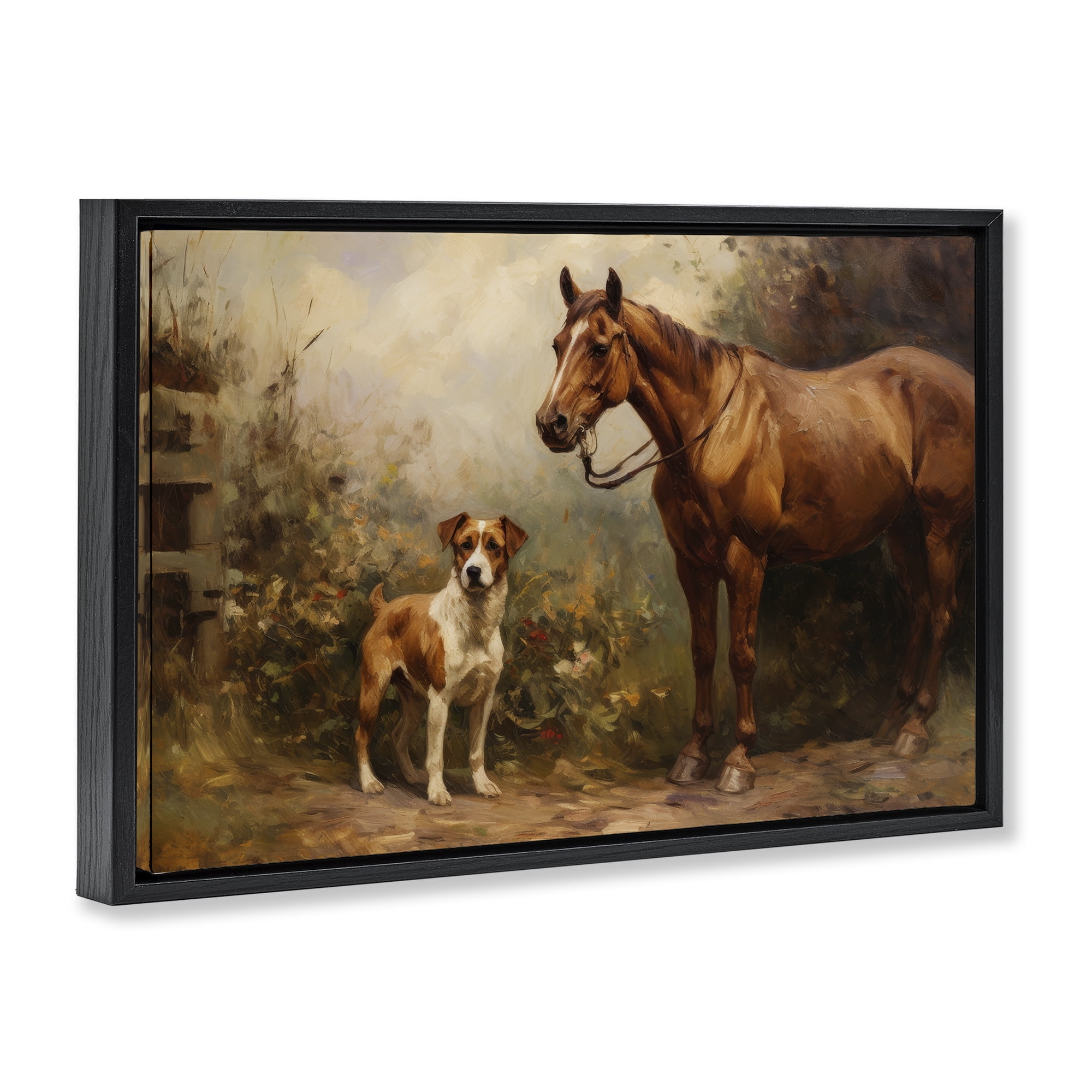 Stupell Industries Horse & Dog in Nature Landscape Painting Black Floater Framed Canvas Art Print Wall Art, 25 x 17