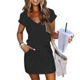 thumbnail image 2 of Xunlbb Summer Savings Womens Dresses Women's Fashion Solid Color V-neck Short Sleeve Draw Rope Elastic Waist Pocket Pullover Dress S-2XL, 2 of 9
