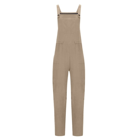 Prolriy Linen Jumpsuits for Women, Women's Cotton Linen Overalls Long Baggy Casual Rompers with Pockets Summer Wed Leg Jumpsuits Plus Size Jumper Women's Jumpsuits Khaki M
