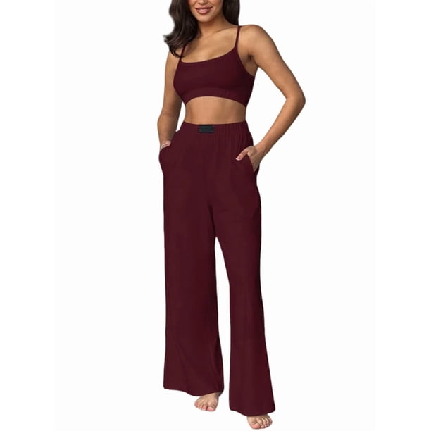 Conjuntos Casuales de Dos Piezas para Mujer, Camiseta Sin Mangas con Cuello en V y Cintura Elástica, Chándal de Verano con Bolsillo. Vino Tinto M