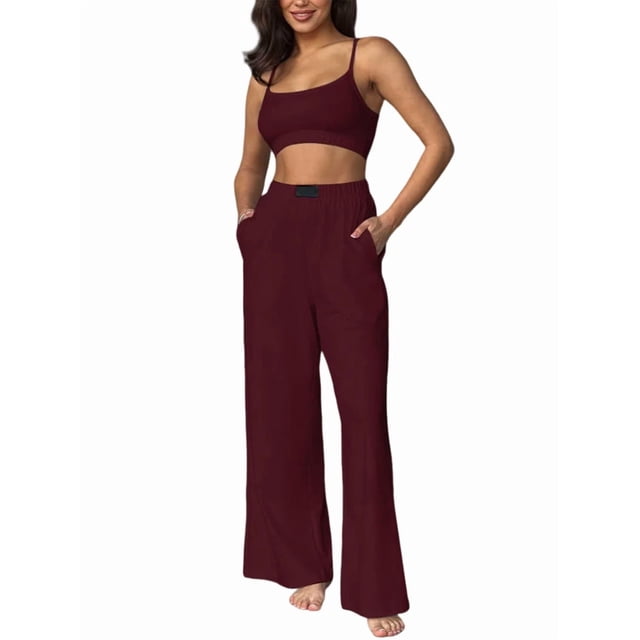Conjuntos Casuales de Dos Piezas para Mujer, Camiseta Sin Mangas con Cuello en V y Cintura Elástica, Chándal de Verano con Bolsillo. Vino Tinto M