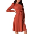 thumbnail image 4 of Vestidos de suéter de manga larga con volantes para mujer INSPIRE CHIC, cuello redondo, cintura con lazo, corte A, estilo casual, tejido de canalé, midi, talla XL, rojo ladrillo, 4 of 5