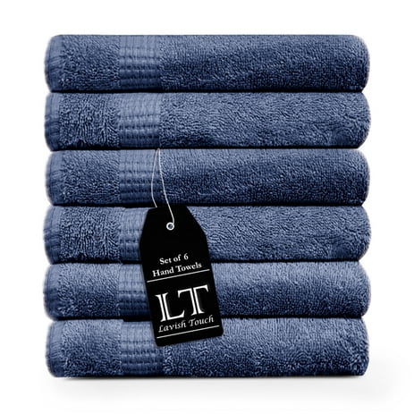 Lavish Touch 600 GSM 100% Cotton 6 Pack Hand Towels 15x22, Premium Hotel Spa Quality Hand Towel Sets for Bathroom, Ultra Soft Highly Absorbent Machine Washable, 6 Hand Towels Denim Blue