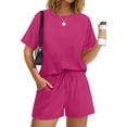 thumbnail image 4 of Two Piece Sets for Women Summer Crew Neck Lounge Short Sets Cap Sleeve Drawstring Sweatsuit with Pocket, 4 of 6