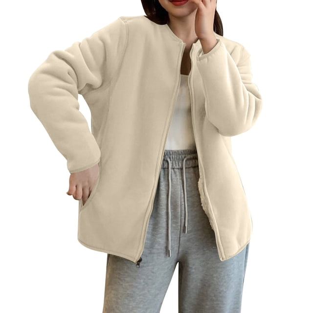 Veste en Polaire pour Femmes, Veste à Col Montant Manches Longues Coupe Régulière Unie Chaude avec Fermeture Éclair, Tenue Décontractée à Manches Longues pour Femmes