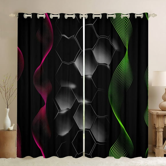 Lime Green and Black Geometry Curtains,Geometric Honeycomb Hexagonal Striped Darkening Curtains,Neon Lights Glowing Window Curtains Drapes,Curve Lines Hexagon Window Treatments 42"X63"