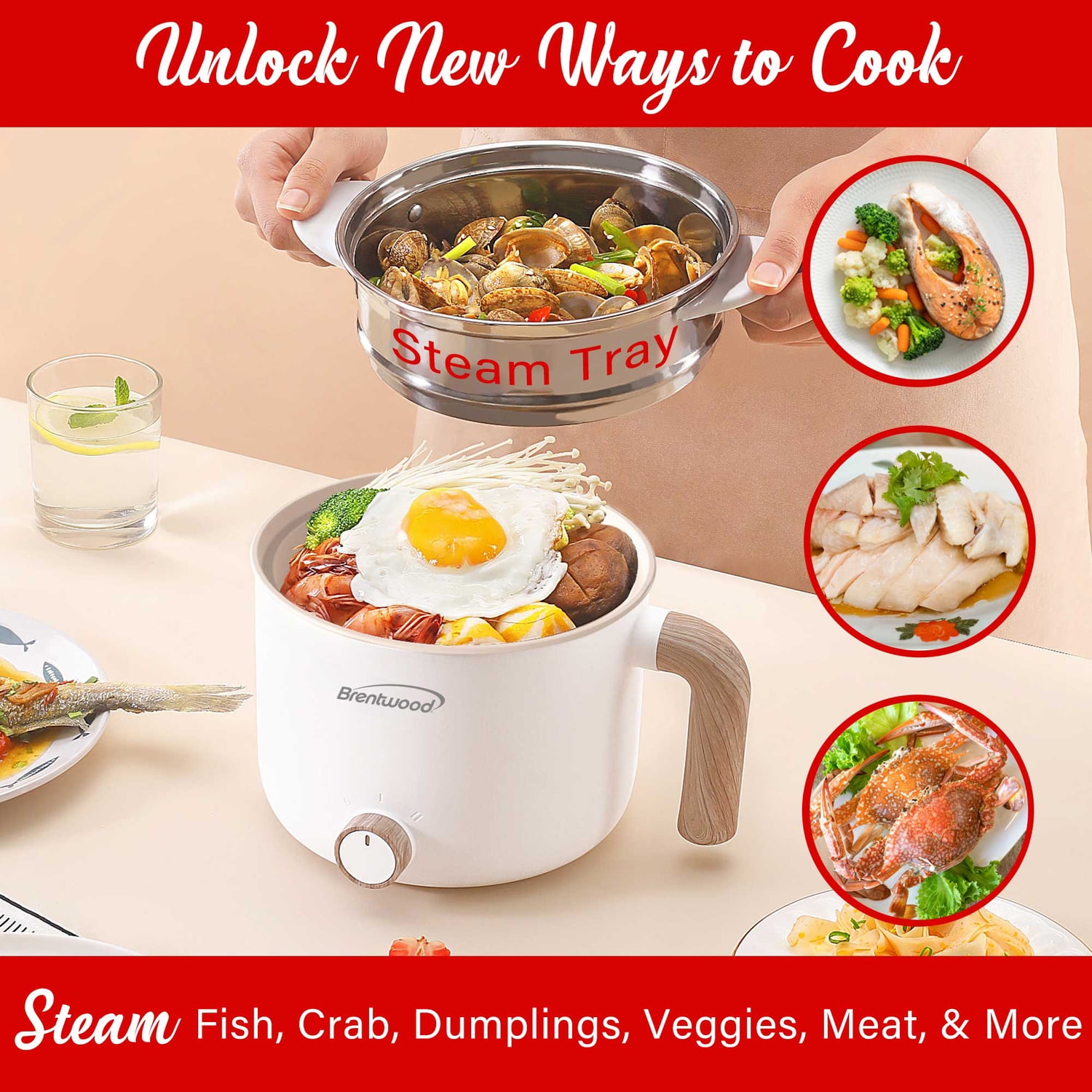 Brentwood 1.6-Qt. Multifunction Electric Ceramic Non-Stick Hot Pot Cooker with Stainless Steel Food Steamer, White