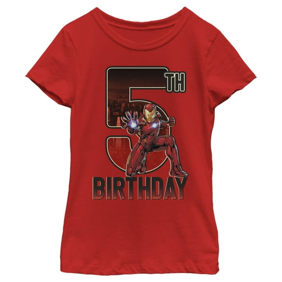 Girl's Marvel Iron Man 5th Birthday Action Pose  Graphic Tee Red Small