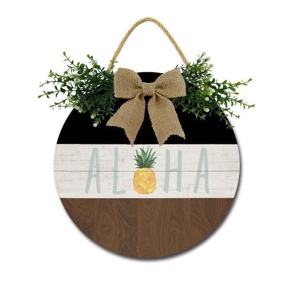 Aloha Pineapple Door Sign Home Decor Round Wood Wreaths Wall Hanging Sign Farmhouse Porch Sign Front Door Decoration for Housewarming Gift All Seasons Holiday,12In