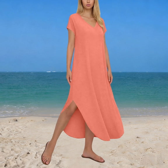 AUNVITO Women's Summer Sleeveless V-Neck A-Line Maxi Dress with Side Pockets Casual Flowy and Elegant