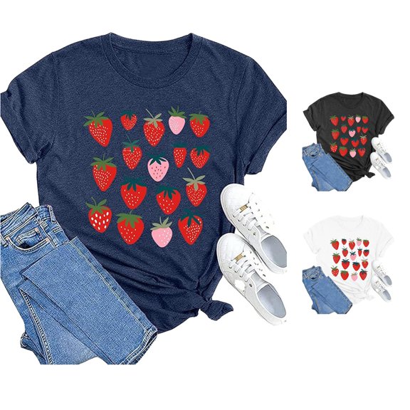 Trendfront Womens Casual Loose Fit Graphic Tee Crewneck Short Sleeve Strawberry Cute Fruit Art Print Summer Daily Wear Shirts