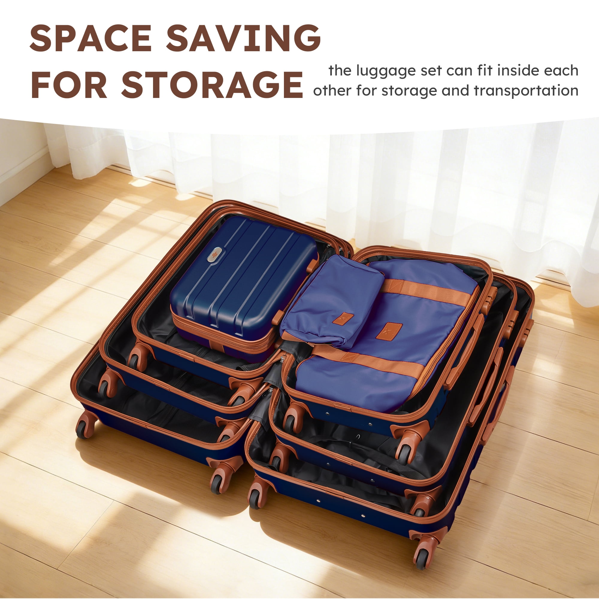 Gowill 6 Piece Luggage Sets,13/20/24/28 inch Hardside Lightweight ABS Suitcase With Expandable Duffle Bag (Navy Blue Tan)