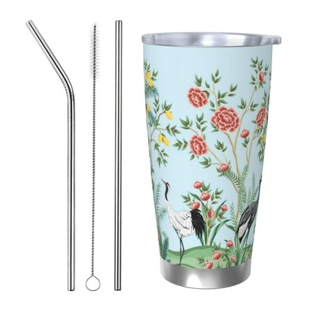 

Gaeub Chinoiserie Floral Palm Tree Print 20-Ounce Stainless Steel Car Cup Tumblers Cups with Lids and Straw Coffee Cups for Adults Kids Home Car Office School Travel Party-Straw Three-piece Set